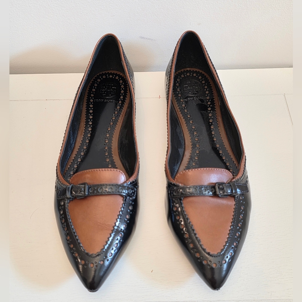 Tory Burch Black And Brown Leather Darlene Ballet Flats Size 8.5